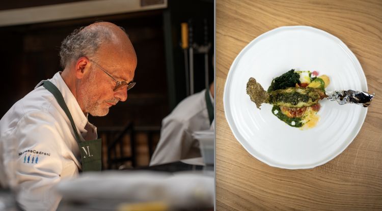 Moreno Cedroni (La Madonnina del Pescatore di Senigallia, Ancona) e la sua celebre Costoletta di rombo, condita con erbe selvatiche e trippa di coda di rospo, celebre cavallo di battaglia per la prima volta in carta dal cuoco marchigiano 25 anni fa. "Con Massimo mi divide un'amicizia di lungo scorso", ha detto, "era il 1999 quando ci ritrovammo tutti in stage - io, Bottura, Mauro Uliassi, Rene Redzepi tra gli altri - al Bulli. Siamo cresciuti insieme in questo quarto di secolo. E' un onore essergli amico"
