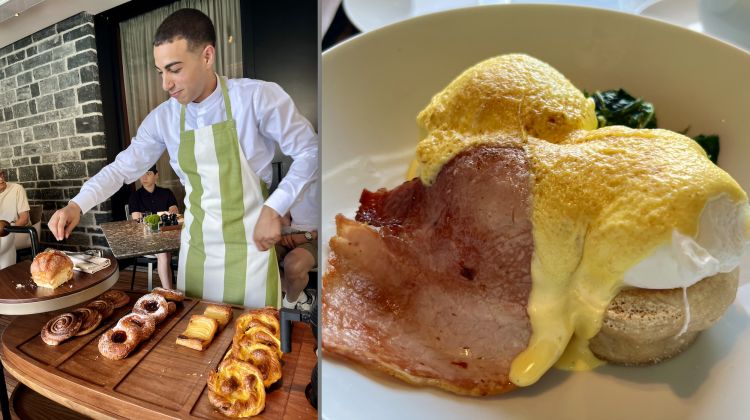 La colazione si distingue per il carrello dei croissant/brioches, qui condotto al tavolo da Leonardo Labate e una buonissima versione delle Uova benedettine, con muffin, prosciutto e spinaci