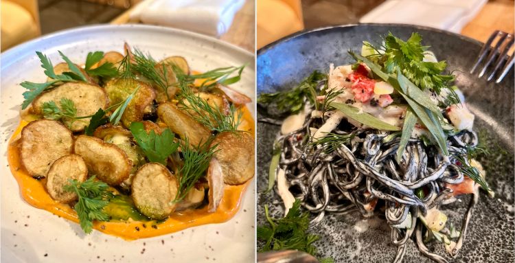 Marinated mussels, smoked paprika and fingerling potatoes and Squid ink tagliolini, with king crab, vin jaune, truffle and herbs