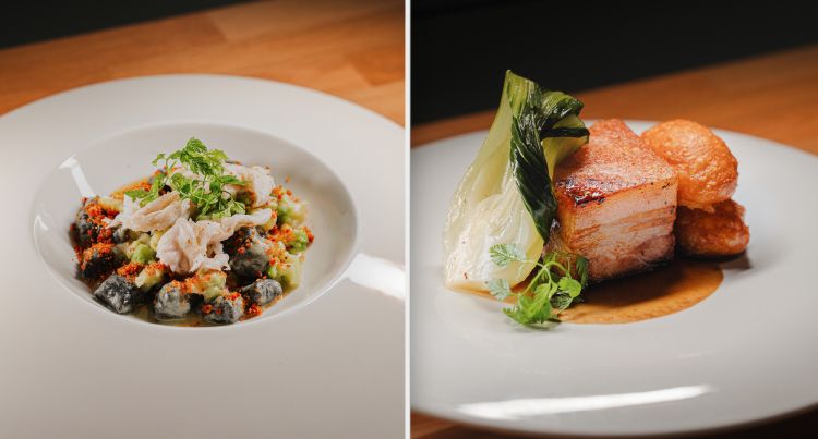 Gnocchetti al nero, razza, broccoli romani e crumble alla 'nduja e Maiolino Croccante, pomme dauphine e salsa alla liquirizia
