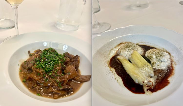 Trippa di funghi orecchioni al pepe bianco e zenzero e Porri, vino rosso, erborinato di bufala e cacao