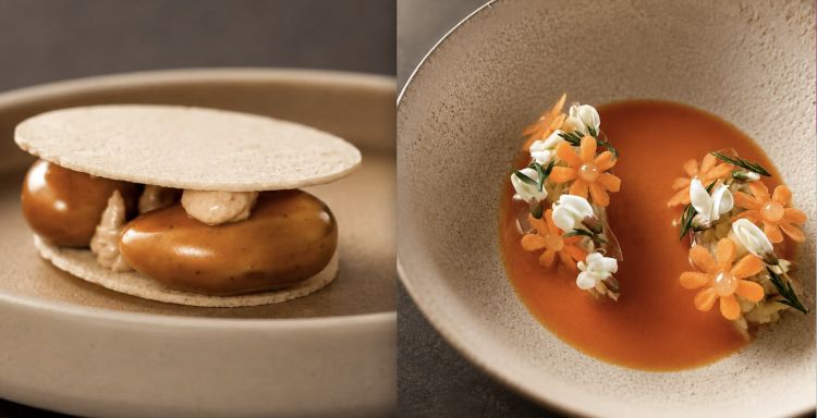 Granchio blu, foie gras, carota e mandorla
Uno dei piatti simbolo di Andrea Miacola. Unisce l'esperienza maturata in Olanda all'identit&agrave; del Gargano attraverso l'abbinamento tra granchio blu e foie gras. A completare il piatto, una preparazione a base di carote del territorio, tra Zapponeta e Polignano, arricchita da un'infusione a freddo di fiori di sambuco
