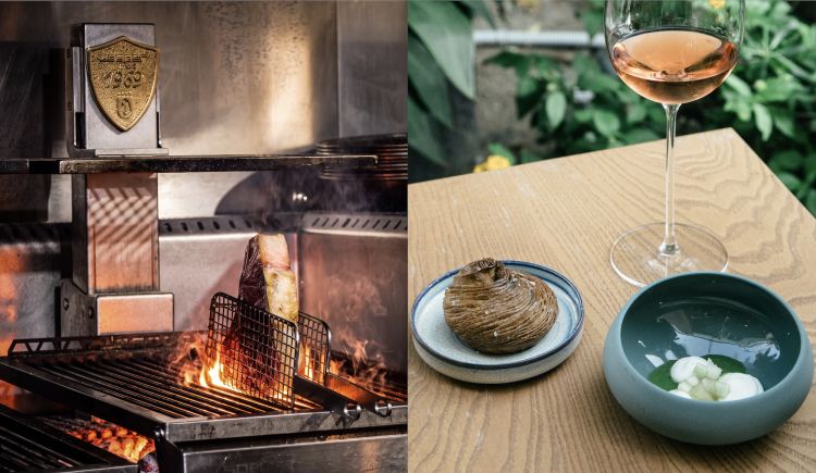 Braci, forni Josper...: il fuoco vivo è la tecnica prevalente dell'insegna fine dining. A destra, il primo assaggio: Sfoglia di grano arso con accanto cetriolo, mela saltata nel grasso di manzo e formaggio caprino