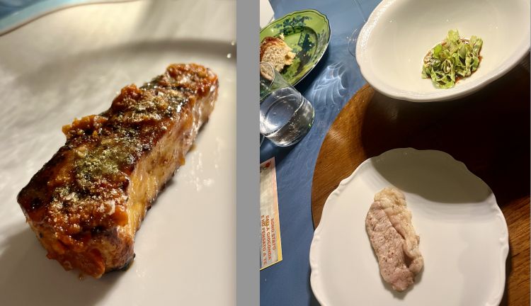 Morone al peperoncino
«Il morone è un pesce piuttosto grasso e con molta acqua»: per asciugarlo il cuoco lo marina nel miso e nella pasta di peperoncino fermentata con bergamotto e limone. Poi lo cuoce sulla brace per creare una crosta in cui affondare i denti con gioia
Mora romagnola alla brace e anice stellato
La mora romangola è marinata per 48 ore nelle spezie – soprattutto anice stellato, un’eco asiatica -, acqua e sale. Il maiale è cotto a vapore, raffreddato e poi scottato alla brace: prevale il grasso e la scioglievolezza. L’insalata accanto è condita con olio, aceto di vino invecchiato e fondo del maiale, ancora all’anice stellato.