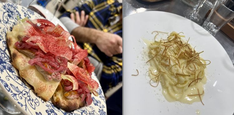Pizzetta alla brace con rosticciata al barbecue, patè di fegatini di pollo, cipolla rossa, limone, aceto di lamponi e sedano croccante. A destra, Tagliolini burro, porro e Parmigiano