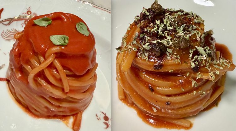 Spaghetti e pomodoro e Linguine condite con i succhi di risulta di un filetto di carne Wagyu, pomodoro, capperi, olive e origano. Curiosità: nella mantecatura si utilizza anche del lievito tostato, in modo da richiamare i sentori della pizza