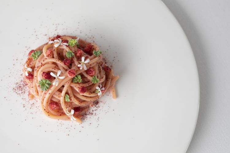 Spaghetto Monograno Felicetti cotto in infuso di geranio odoroso, ibisco, acqua di tinca e croste di pane all'ibisco 
