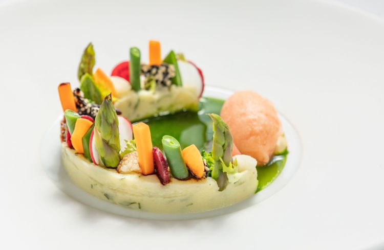 Verdure cotte e crude con coulis alle erbe, melass