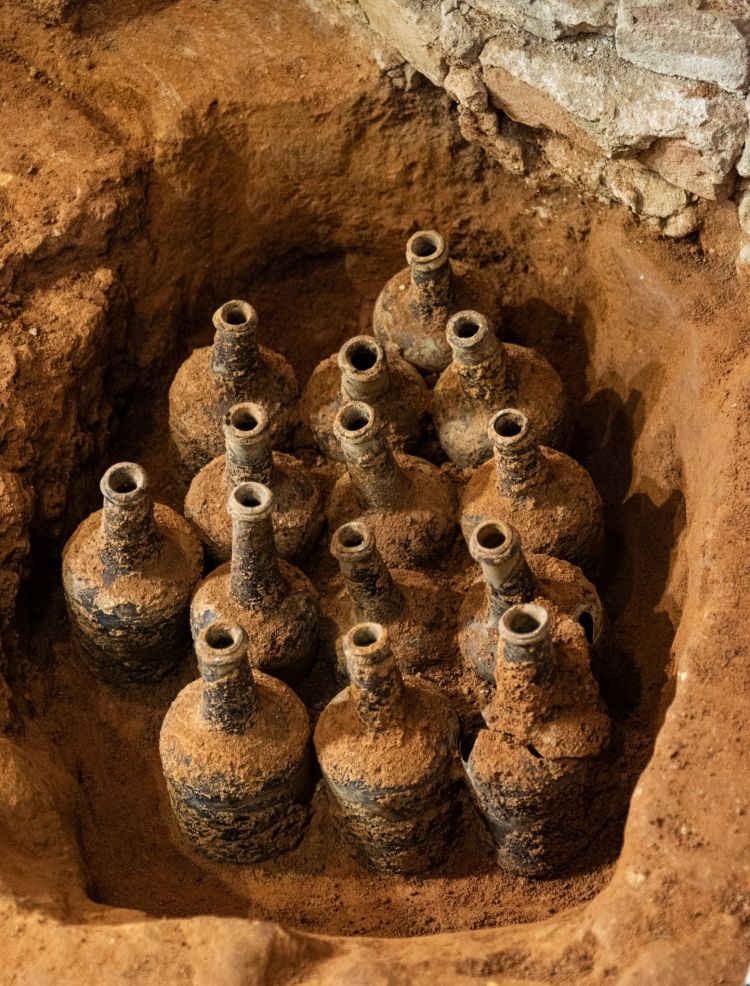 Alcune delle bottiglie trovate sotto il pavimento della cantina