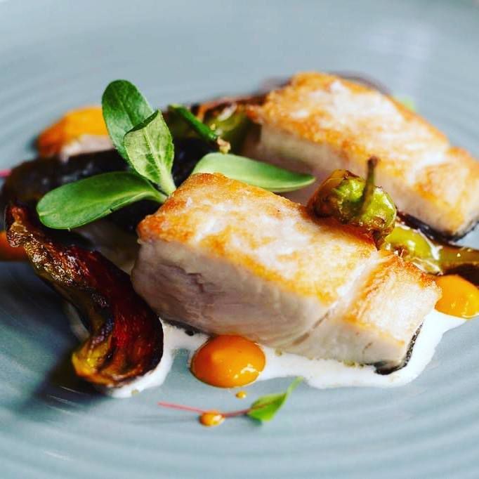 Lustrino cotto a bassa temperatura con sedano rapa, cipollotto brasato, curry e pak choi