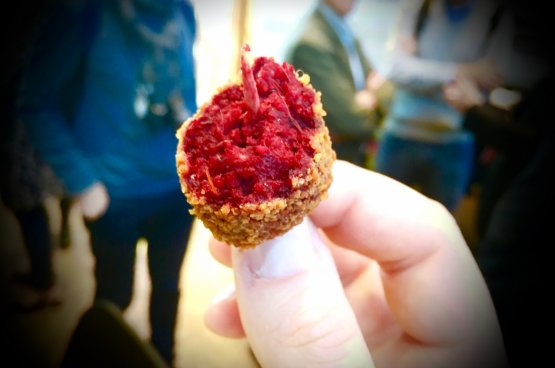 Croquette filled with beetroot and crickets