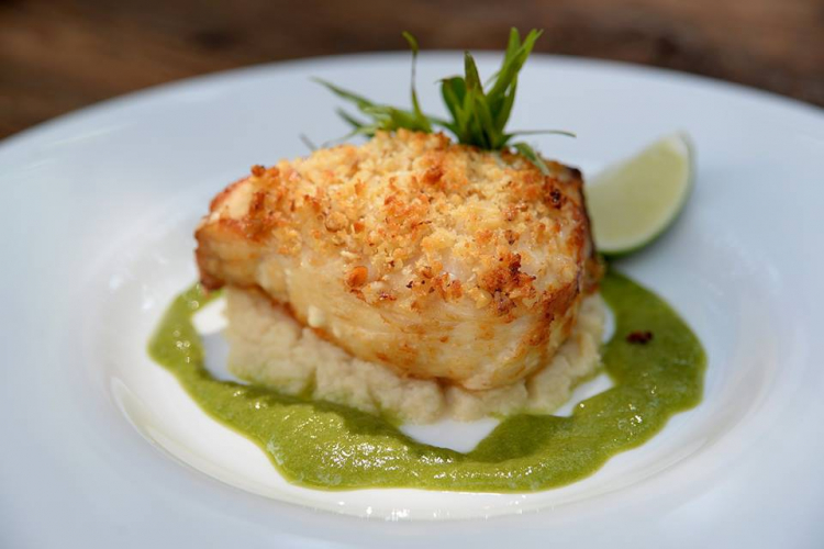 Cod wrapped in walnuts on celery purée and tarragon sauce 
