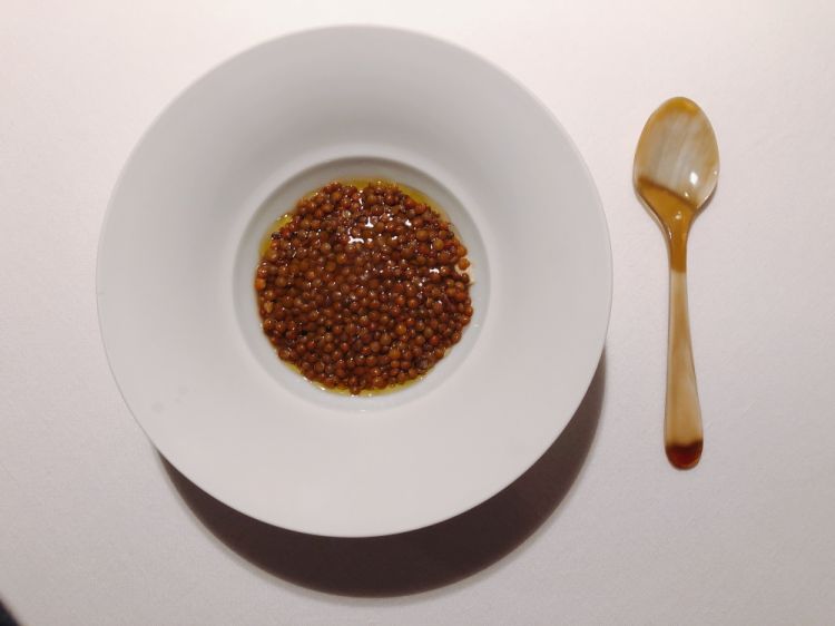 Lenticchie, nocciola e aglio: alla base c’è una gelatina di lenticchie (derivata dalla loro acqua di cottura), nel mezzo un’emulsione di nocciole e sopra le lenticchie di Santo Stefano di Sessanio, piccole e croccanti. Il piatto si gioca sulle tre consistenze, da assaporare insieme, pescando col cucchiaio dal basso verso l’alto
