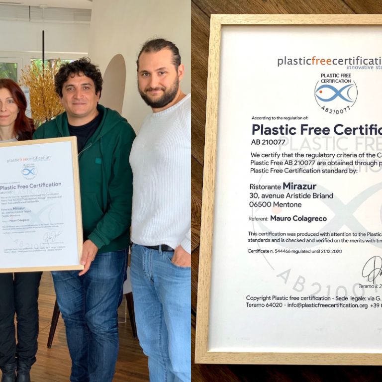 Plastic Free Certification: the first global brand (launched by a start up from Abruzzo) that certifies the removal of single-use plastic, the minimising of waste, the right recycling procedures, the environmental procedures of the entire production process. Mirazur is the first company in the world to get this certification 
