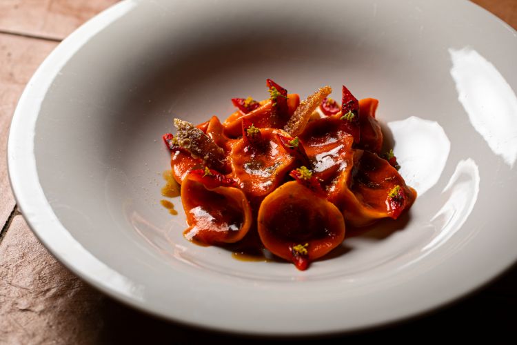 Cappellacci ripieni di porchetta e fondo bruno di peperoni
