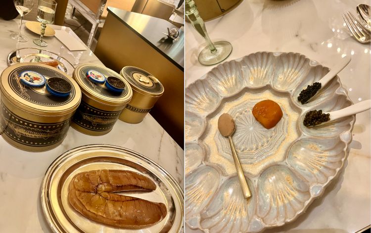 Selezione di caviale Ritz e uova di pesce fresco stagionati in atmosfera salina
Deessa del Mandarin Oriental Ritz, Madrid
Deesa è l'avamposto capitolino del valenciano Quique Dacosta, che ha 3 stelle Michelin a Denia e 2 qui, nel ristorante più classico al piano terra del Mandarin Oriental Ritz, un simbolo cittadino. Di tutti i piatti di un menu che si sviluppa tra classicità e avanguardia, ci ha colpito quest'assaggio perché esprime un lavoro di salagione molto complesso che Dacosta sviluppa da tempo nella casa madre: il pesce sta a contatto col sale solo indirettamente, in ambienti a temperatura e umidità controllata. In questo modo le uova (di muggine o molva molva) "respirano per osmosi la salsedine", caratteristica che le rende più cremose di una bottarga e che, a differenza di questa, si possono mangiare "a crudo" ancora e ancora
