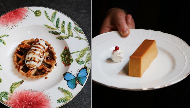 L'antipasto Crostatine di cipolle caramellate su gelato di Parmigiano Reggiano e il dessert Latte in piedi