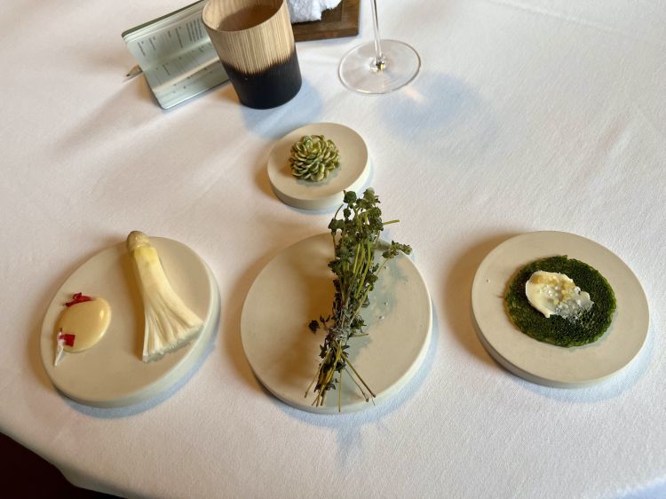 The initial composition of Mugaritz's 2023 menu, entitled Recuerdos del futuro: in the centre, there is a bouquet of glazed thyme; above, the millefeuille of happiness
