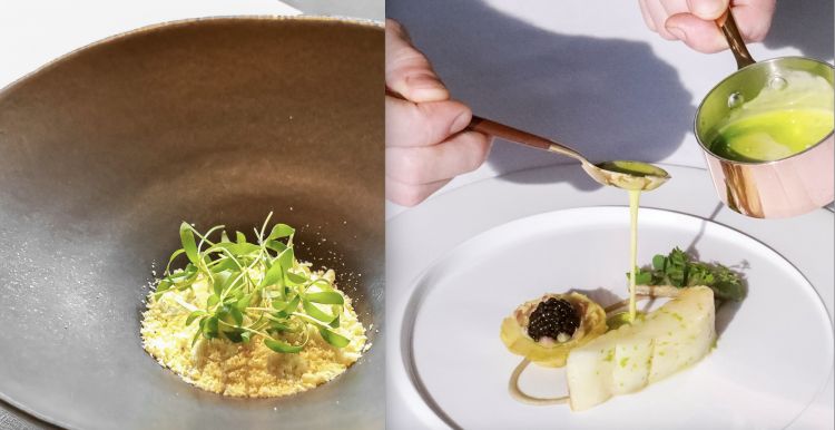 Mascarpone, gelato, Popcorn di coriandolo, pop-corn. A destra, Carciofi alla barigoule, caviale Kristal, kaffir lime e salsa di bagna cauda