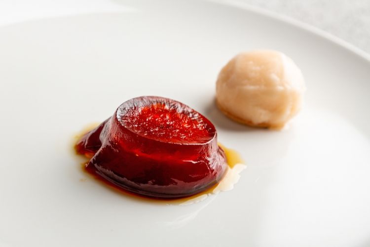 Crème caramel and raspberry sorbet 
