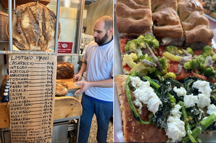 A sinistra, il menu dei pani; a destra un altro tris di focaccia con porchetta, cavolfiori e acciughe e ricotta e spinaci