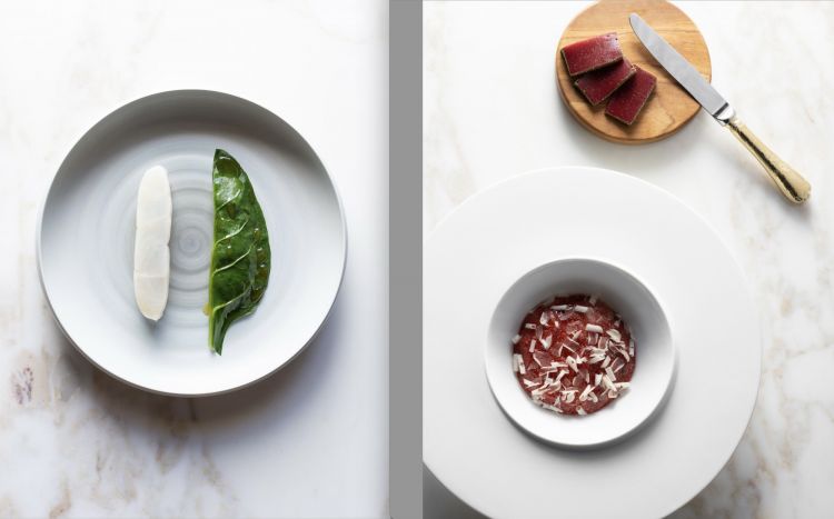 Bietole, caponata, sanpietro e Fichi, Barbera d'Alba e Pepe Kampot, dessert del pasticciere Sandro Micheli
