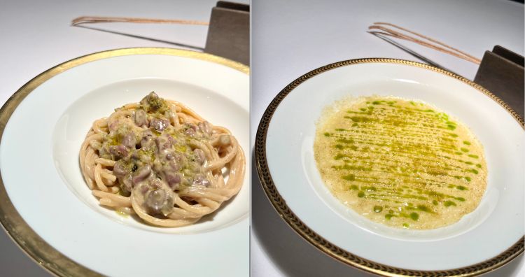 Spaghetto freddo, agnello e friggitelli
Il nuovo capitolo di una saga già corposa, il servizio di primi piatti freddi o tiepidi, un taboo della tavola italiana ormai datato. L'agnello è in brodo, salsa e interiora e il peperone in salamoia è utilizzato per mantecare. Un piatto buonissimo, dal gusto deciso ma intaccato freschezza del friggitello
Riso freddo, peperone e mela
Un'altra favolosa sperimentazione sulla temperatura di servizio: sembra il classico risotto caldo all'onda ma invece è servito freddo (non tiepido, proprio freddo). E' mantecato senza burro, con una purea di purea di mela golden e succo di peperone verde. Vinto il corto circiuto attesa/assaggio, capisci come anche le vie del "risotto" freddo hanno interessanti potenzialità