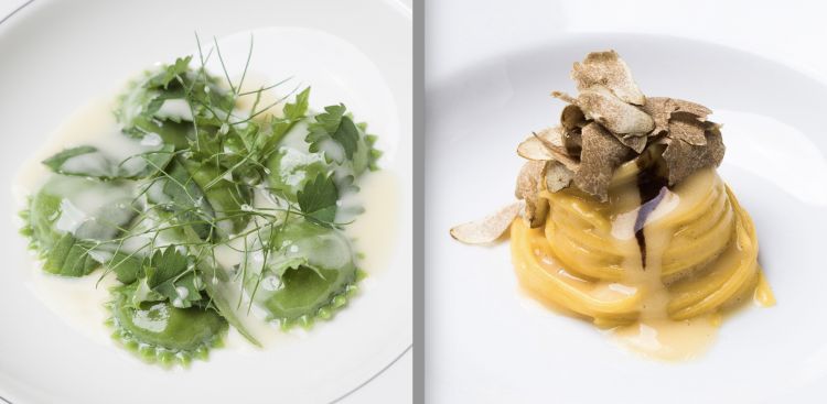 Ravioli amari alle erbe e beurre blanc al vermouth
Equilibrio perfetto tra amaricante erbacea e la cremosit&agrave; setosa della salsa, giocato con audacia.

Tagliatella di mais al tartufo bianco e garum di mais
Una celebrazione della natura locale: mais come protagonista, tartufo bianco come poesia, garum come memoria antica.
