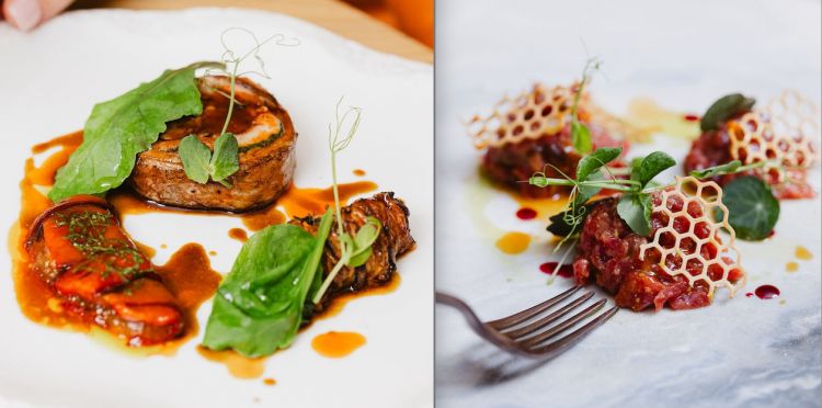 Sella di agnello in farcia di erbe selvatiche le sue interiora capperi e peperoni e Tartare di puledro polpa di Ricci lattuga di mare e aceto di lamponi