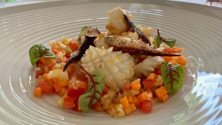 Seppie di nassa, panzanella di verdure e coulis di pomodori datterini