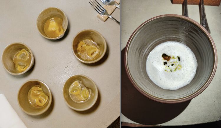 Tortellini in brodo madre e Zuppetta di ricci con spuma di mandorla, crema di patate e pop corn di mandorla