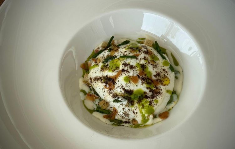 Uovo con spuma di mozzarella di bufala e asparagi
