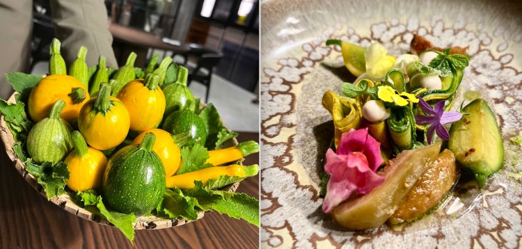 Le bellissime zucchine dell'orto di Barolo, esibite prima del piatto (a sinistra), sono poi cotte allo yakitori e in un'estrazione di verdure grigliate. Al tavolo sono rifinite da una saporita quenelle di beccafico (condimento siciliano, popolare nell'utilizzo con le sarde)