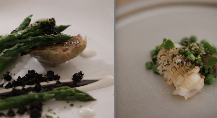 Asparagi del giardino, carciofi, salsa mandorle e olive e Calamaro alla brace e sesamo (Caporale)