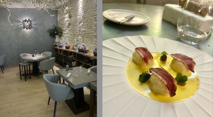 Barbagianni: particolare di sala e Gnocco, arancia amara, anatra, olive e zafferano
