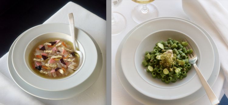 Crudo di pescato del giorno con brodetto affumicato e Ditalini con aglio orsino