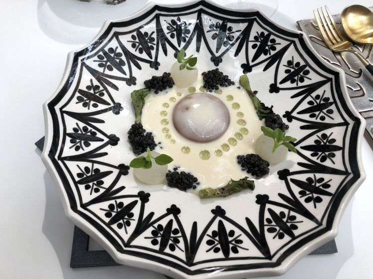 Velvety cod, beetroot, roman lettuce with caviar and egg yolk
