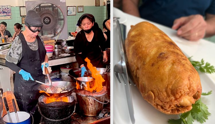 Jay Fai, titolare dell'insegna di street food (stellata) di Raan Jay Fai. A destra, la sua celebre Omelette di granchio
