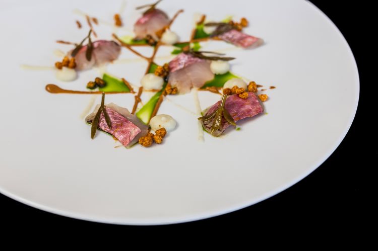 Crudo di triglia, finocchio marino, ristretto di scoglio e fregola croccante