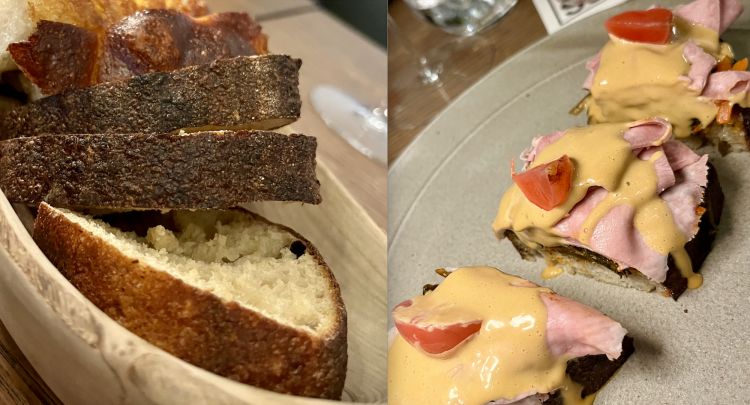 Pane, focaccia e Sandwich lievito madre con lingua di vitello, kimchi ed emulsione affumicata di uova allevate in casa