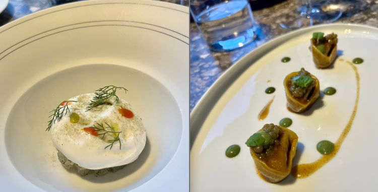A destra, una Ceviche di orata, sedano bianco di Sperlonga, lime, olio al coriandolo e finocchietto. A sinistra Tortelli Méchoui, un piatto profumatissimo che applica alla pasta fresca la classica preparazione nord-africana dell'agnello alla menta