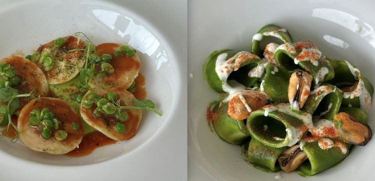 Ravioli, scampi e piselli e Mezzo pacchero, cozze, friarielli e fonduta di pecorino

