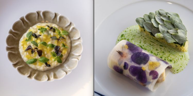 Riso con zafferano, cozze e basilico e Ricciola, zucchine in scapece, kumquat e rafano