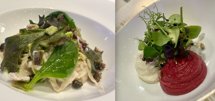 A sinistra, Sedano Rapa di Edoardo Traverso: maionese di lenticchie, cipolla croccante, cappero e mix vivace, lattuga rossa, komatsura e foglia di senape. A destra 3 Hummus colorati di Simone Salvini: legumi, vegetali, frutta secca