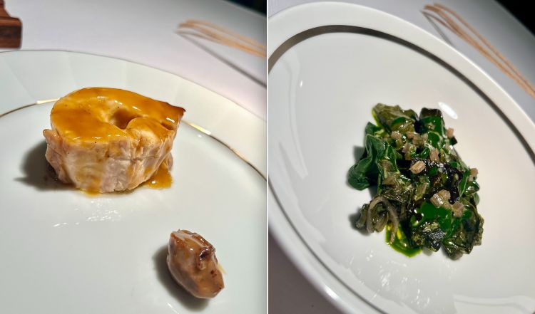 Pollo glassato e patè di fegatini
Un altro felice lavoro mono-ingrediente sul volatile, amato da sempre da Niko Romito: il pollo è grigliato ma non è per nulla asciutto o stopposo perché servito con una glassa dello stesso animale e dei suoi fegatini. Morso goloso
Insalata tiepida di bieta
Ancora, un ingrediente solo, presentato in tante strutture diverse: la bieta è cotta alla brace, i suoi gambi sono marinati ed è anche in crema e ossidata. Complicatissima semplicità, da sempre il tratto di Romito
