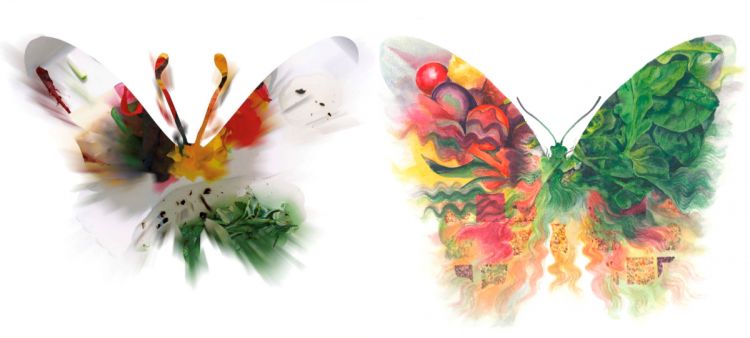 Concetto di El damero de verduras convertido en mariposa ("Piatto di verdure trasformato in farfalla")

