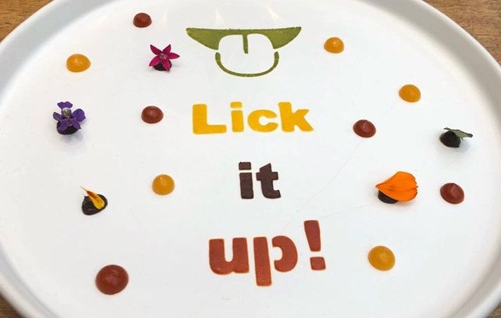 Gaggan’s signature dish: you lick the plate from the top to the bottom. In the background, the song from Kiss that inspired the dish plays at full blast 
