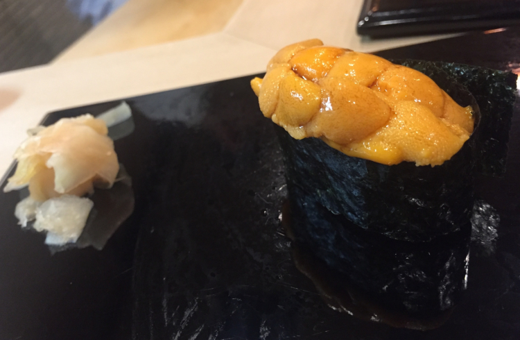 Sea urchin (uni). Super creamy, and sweet. It melts in your mouth. We asked for a second helping
