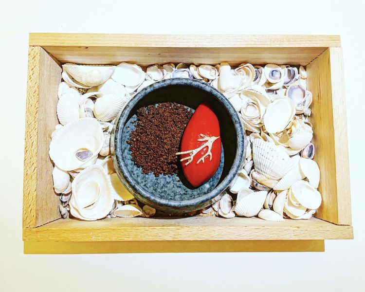 Gelato al lampone e banana, crumble al cacao, corallo di pane