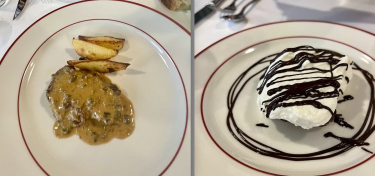 Arrosto di manzo alla California con patate e rosmarino e Marron glacé sotto a panna e cioccolato